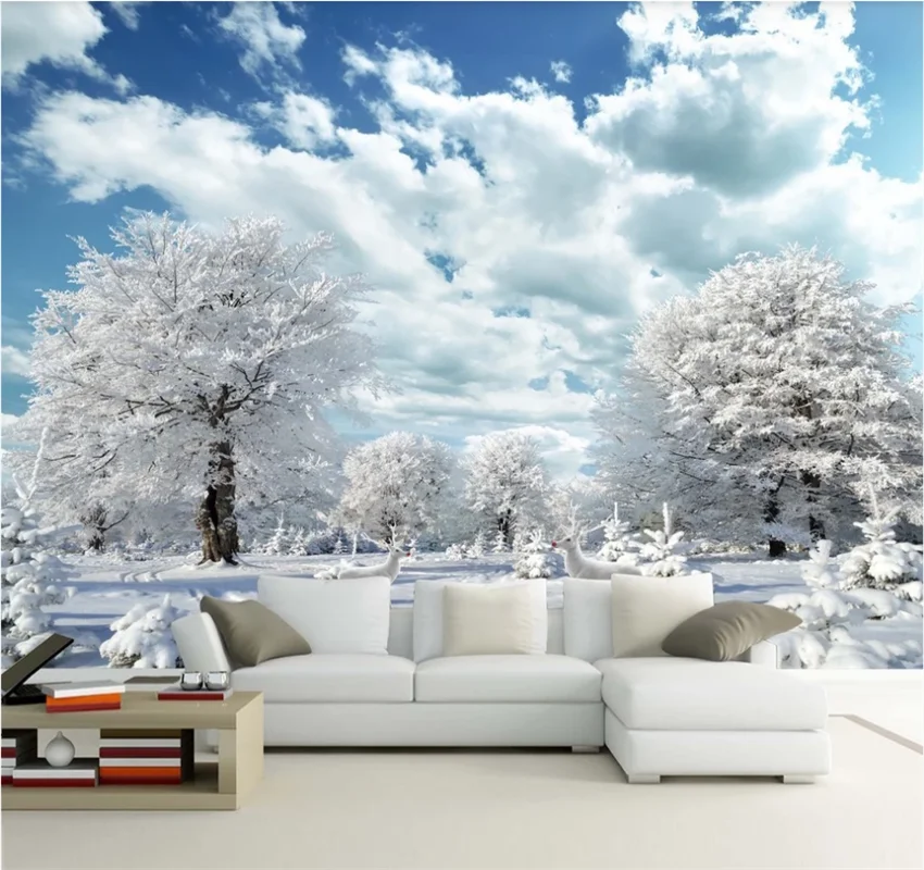 xuesu Custom 8d wallpaper beautiful winter snow landscape painting HD elk living room TV background wall wall covering