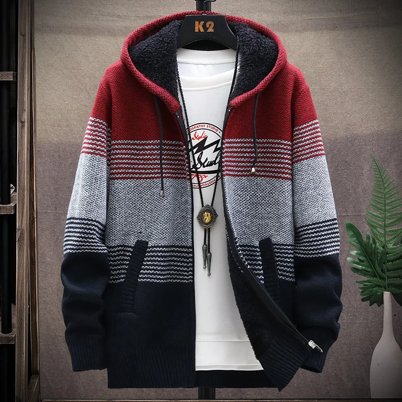 Men\'s Fleece Cardigan Hooded Jacket Winter Sweater Jumper Zip Knitwear Fashion Striped Thick Warm Sweaters Coat Man Clothes