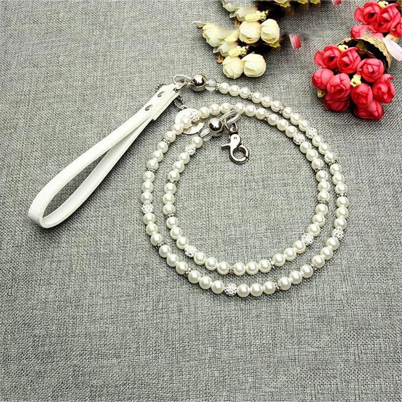 Luxury White Imitation Pearls Diamond Ball Pet Dog Chain Leash Walking Jogging Leads Leashes For Small Medium Size Dog Cat Lead