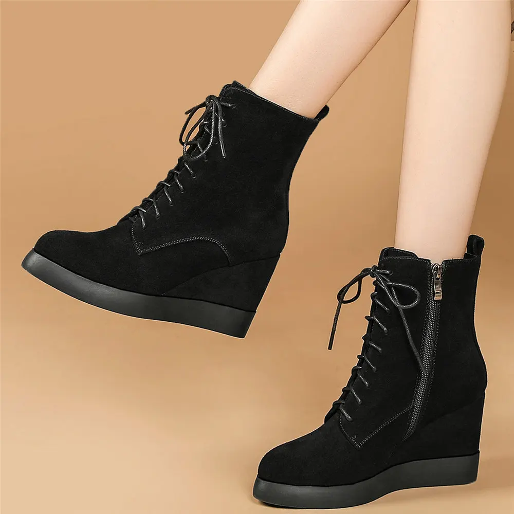 

Casual Shoes Women Lace Up Genuine Leather Wedges High Heel Pumps Shoes Female Winter Warm High Top Platform Fashion Sneakers