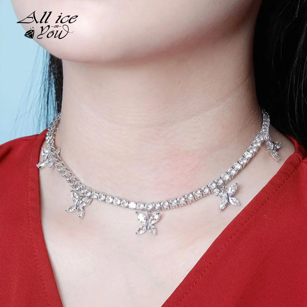 ALLICEONYOU Butterfly Chain 5MM Tennis Chain Choker Necklace Iced Out Cubic zirconia Bling Hip Hop Charm Jewelry Gift For Women