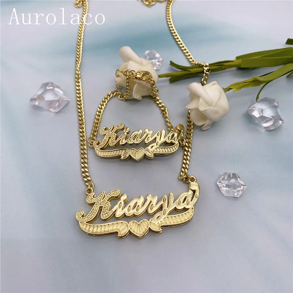 Imagem -04 - Aurolaco Nome Personalizado Conjunto de Jóias Colar Nome Personalizado Pulseira de Ouro 3d Duplo Nameplated Colar para Presentes Femininos