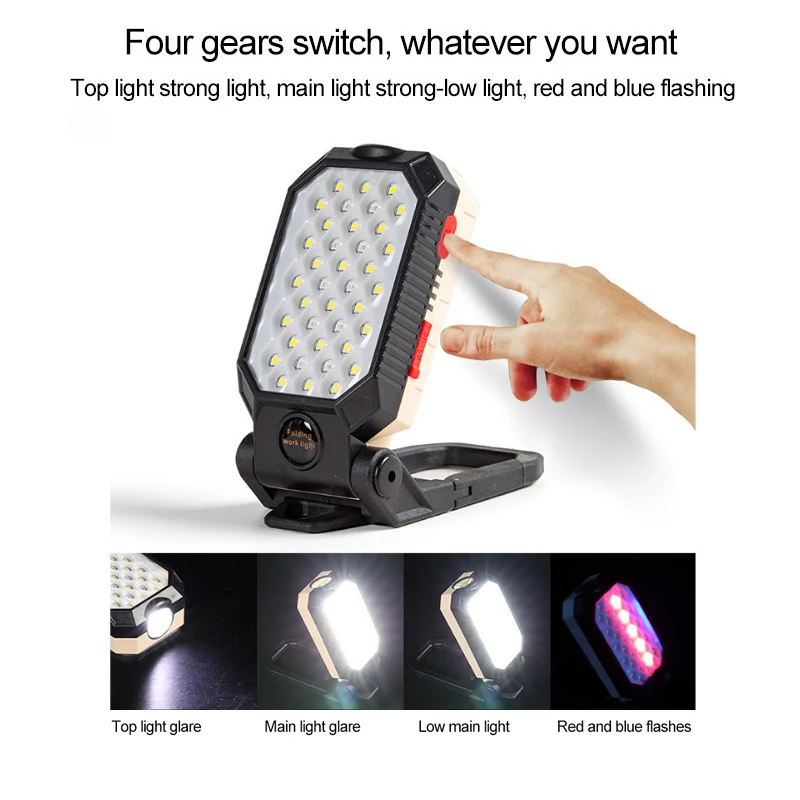 Luz de trabajo LED COB plegable, linterna portátil recargable por USB, linterna impermeable, Lámpara de trabajo de Base magnética, luz de Camping