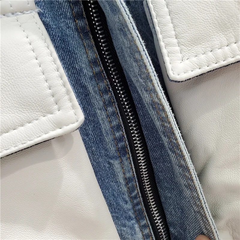 Jeans Jacket Women 2021 Autumn New Big Pocket Knitted Spliced Long Sleeve Lapel Denim Jackets Streetwear Loose Jeans Coat Female