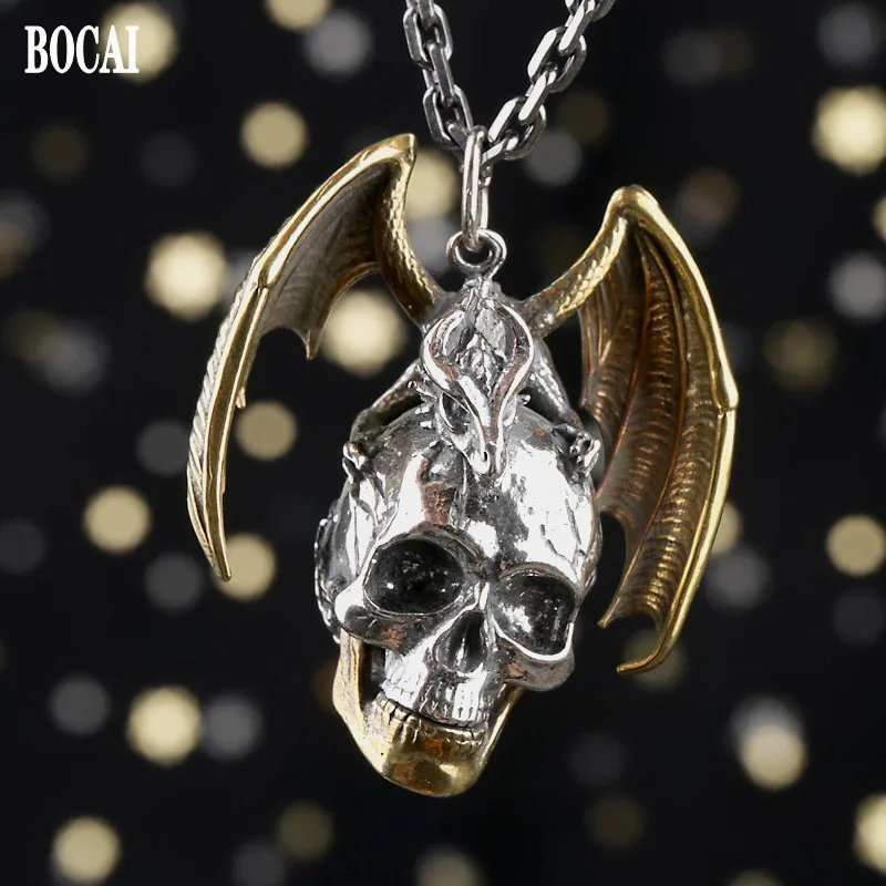 

BOCAI New Trendy Real s925 Silver Jewelry Retro Punk Style Rock Character Flying Dragon Skull Man Pendant
