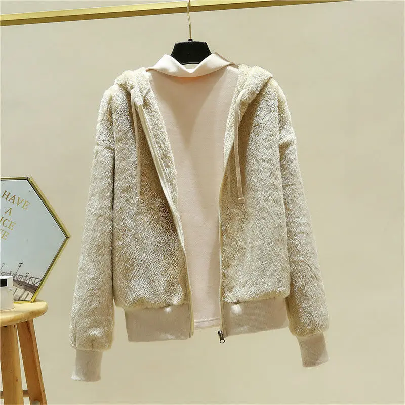 

Women Zip Up Hoodie Japan Style Sweatshirt Velvet Solid Zipper Jacket Casual Oversize Top 2021 Fluffy Plush Warm Winter Clothes