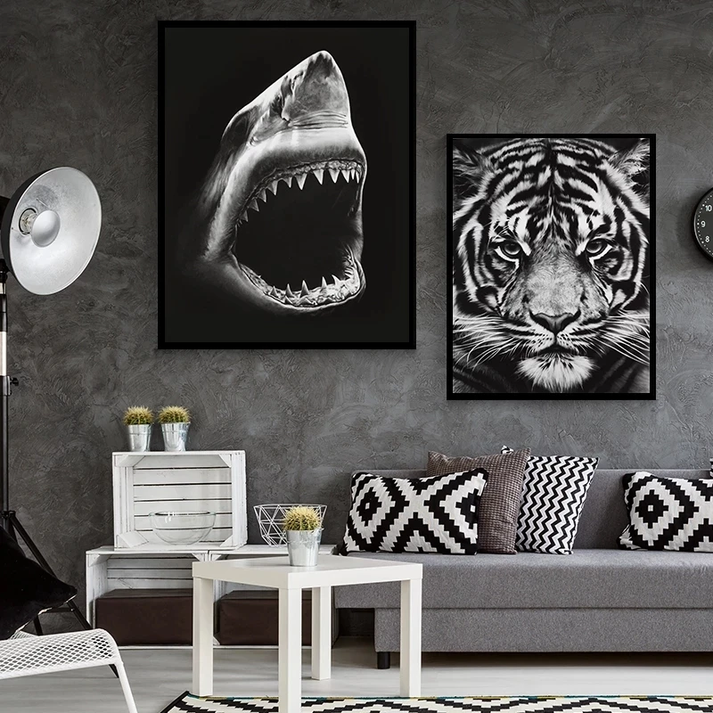 Wild Animals Cheetah Shark Black and White Canvas Painting Poster and Print Wall Art Pictures for Living Room Home Decor Cuadros