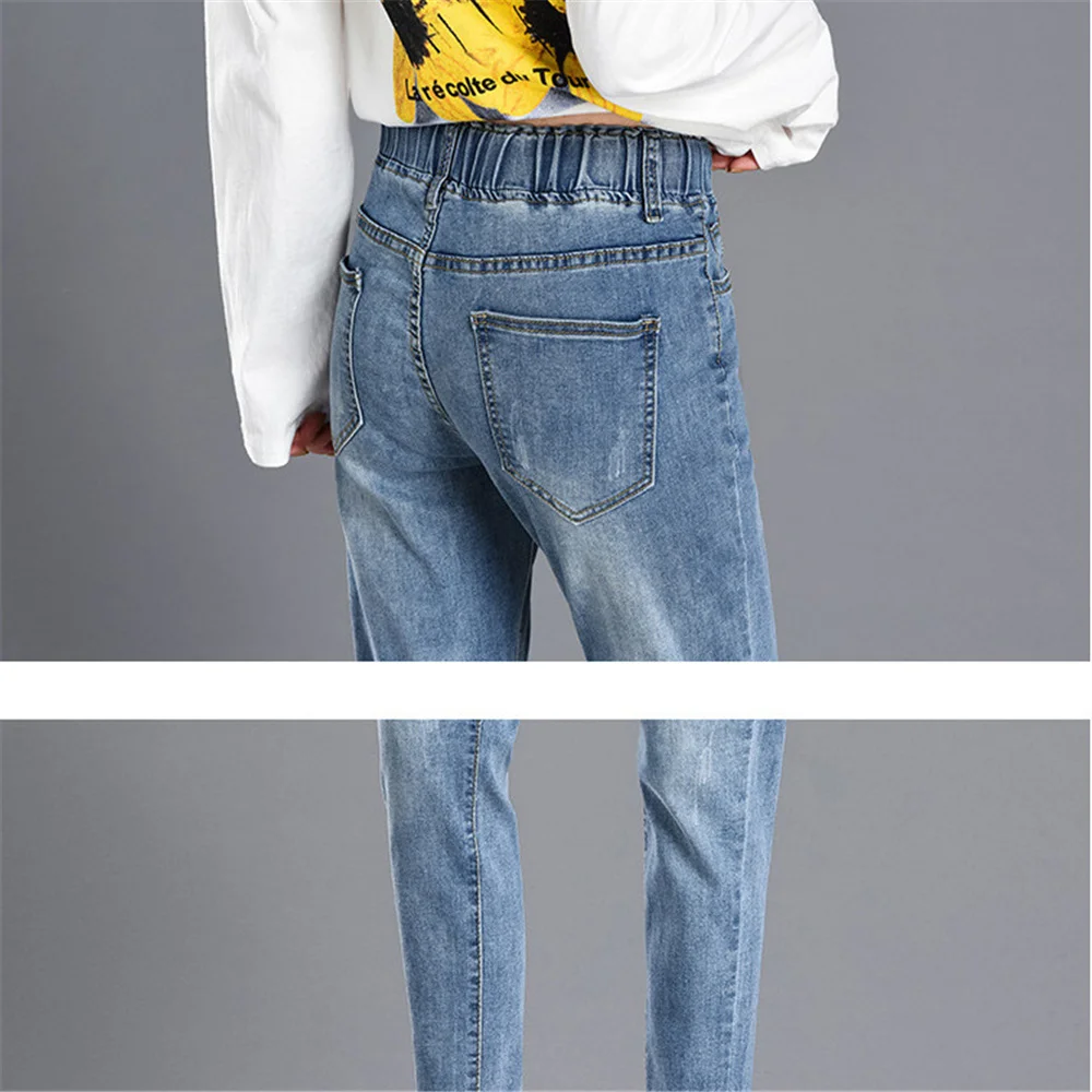 Vrouwen Elastische Taille Jeans Elastische Pull Op Elastische Losse Rechte Been Vriendje Elastische Broek Mode Japanse Koreaanse Ouc288