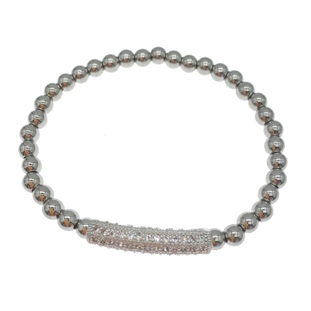 5mm Stainless Steel Beads Stretch Bracelet With One Cubic Zirconia Bar In Middle For Women and Girls Gifts 7.5 Inch