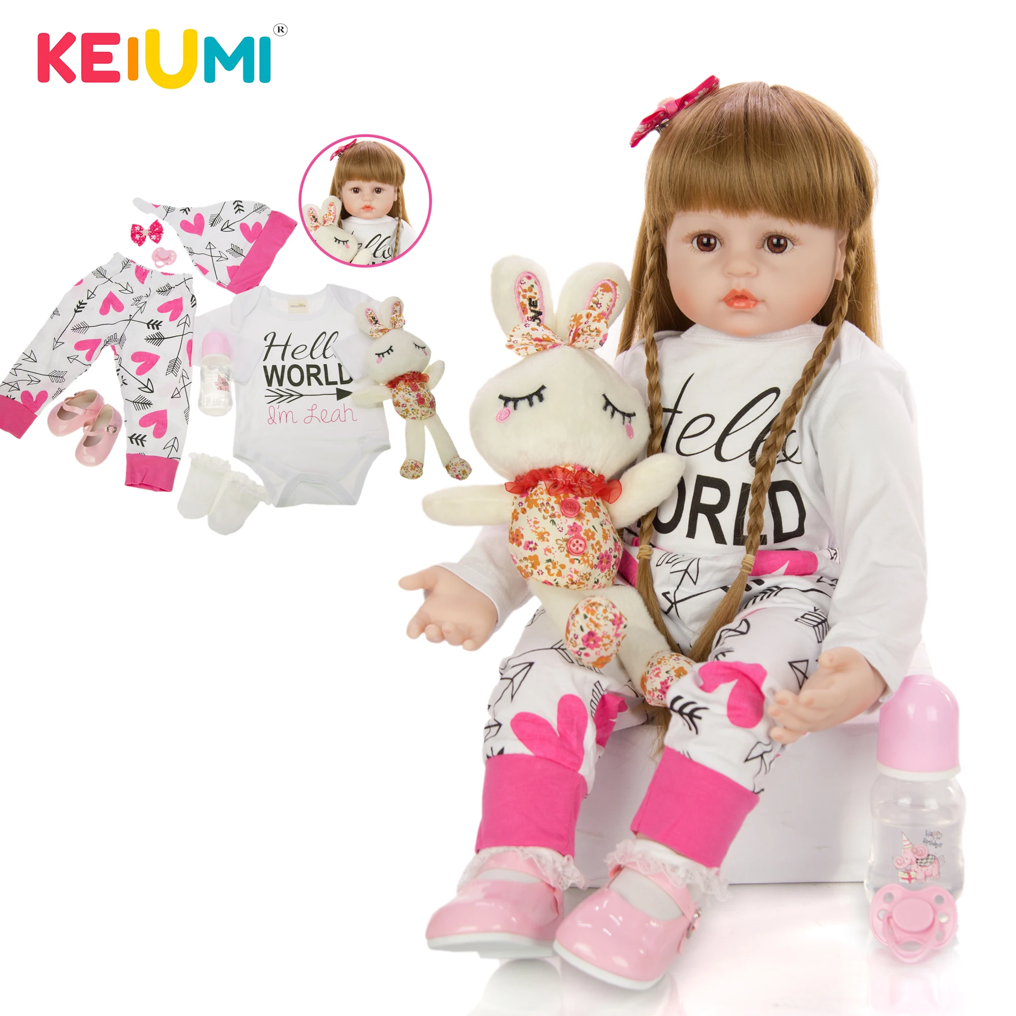 

KEIUMI New Arrival 24 Inch Lovely Pigtail Princess Baby Reborn Girl Doll Soft Silicone Cloth Body Realistic Reborn Dolls Babies