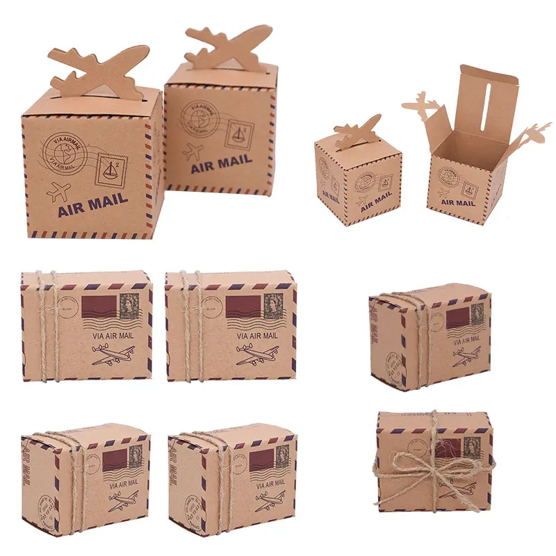 

10Pcs Kraft Paper Candy Box Travel Theme Airplane Air Mail Boxes Gift Packaging Wedding Birthday Decor Party Favor Supply
