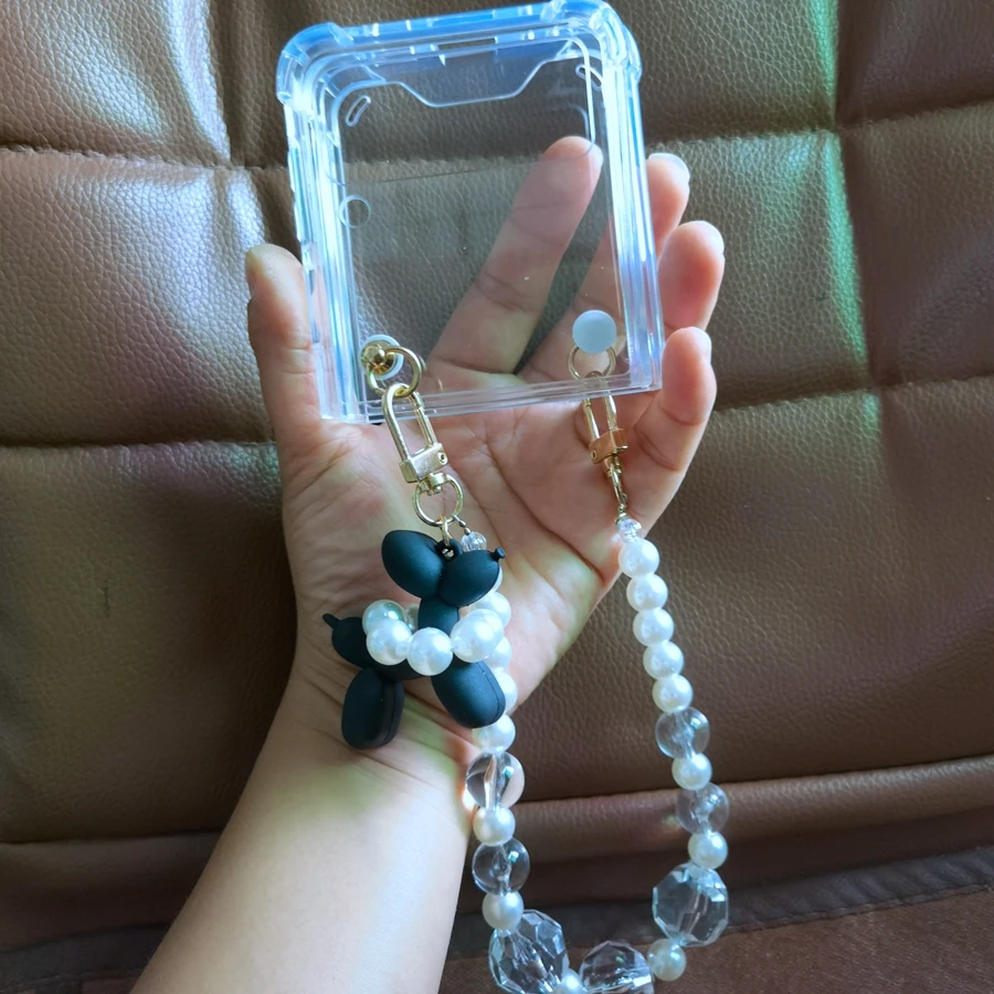 Creativity DIY Pearl Dog Bead Bracelet Chain Case For Samsung Galaxy Z Flip/Flip3/ Flip4 5G  Shockproof Transparent Back Cover