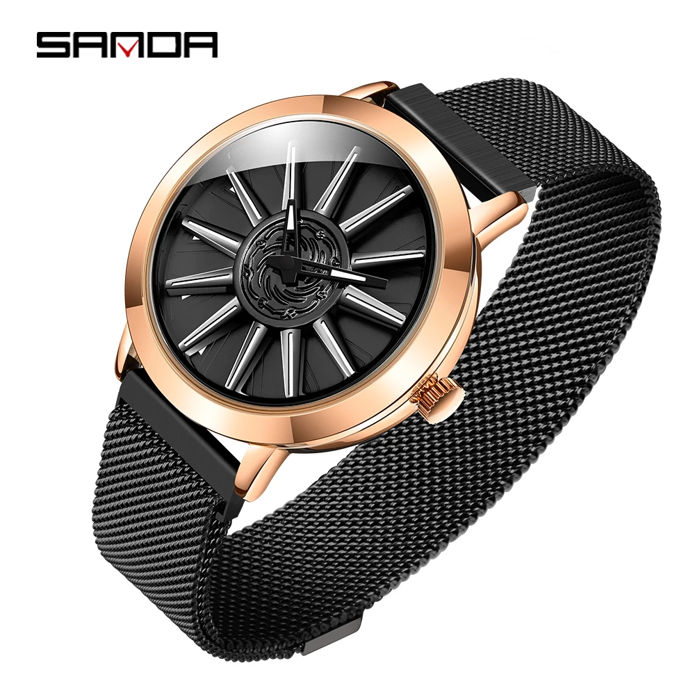 

SANDA 2022 Hot Sell Cool Personality Spinning Dial Men Watch Milan Mesh Belt Quartz Wheel Wristwatch Gift Relogio Masculino 1032