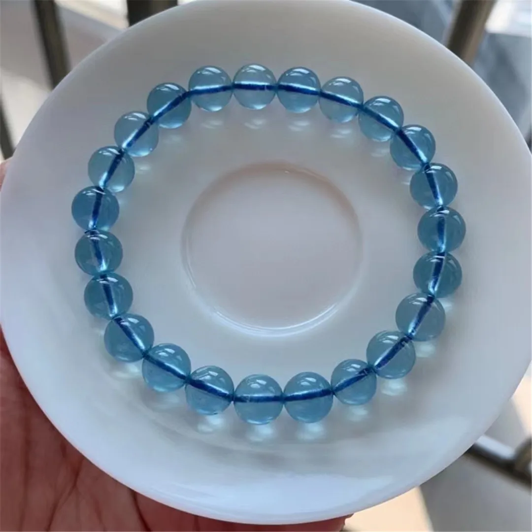 

8mm Natural Ocean Blue Aquamarine Bracelet For Women Lady Men Healing Love Gift Crystal Round Beads Stone Strands Jewelry AAAAA