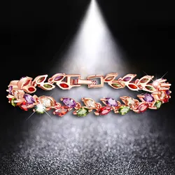 HUAMI Rose Gold Bangles Colorful Crystal Gifts for Women Fashion Jewelry Pulseiras Willow Leaf Copper Zircon Femme Bijoux