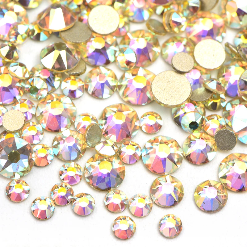 JUNAO 16 Cut Facet SS10 SS16 SS20 Mix Size Rose AB Glitter Round Glass Nail Rhinestone Flatback Glass Stones Nail Art Decoration