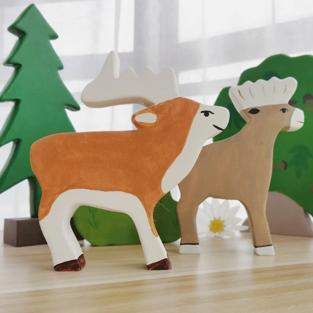 Elk Wooden Natural Montessori Handmade Figure Large Animals Handcarft Toys For Kids Animals Cognition Early Educational Toy