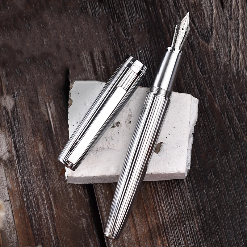 LT Hongdian 1845 Metal Fountain Pen Stainless Steel Ink Pen Stripe EF/F Nib Silver/Black Office Business Writing Ink Pen