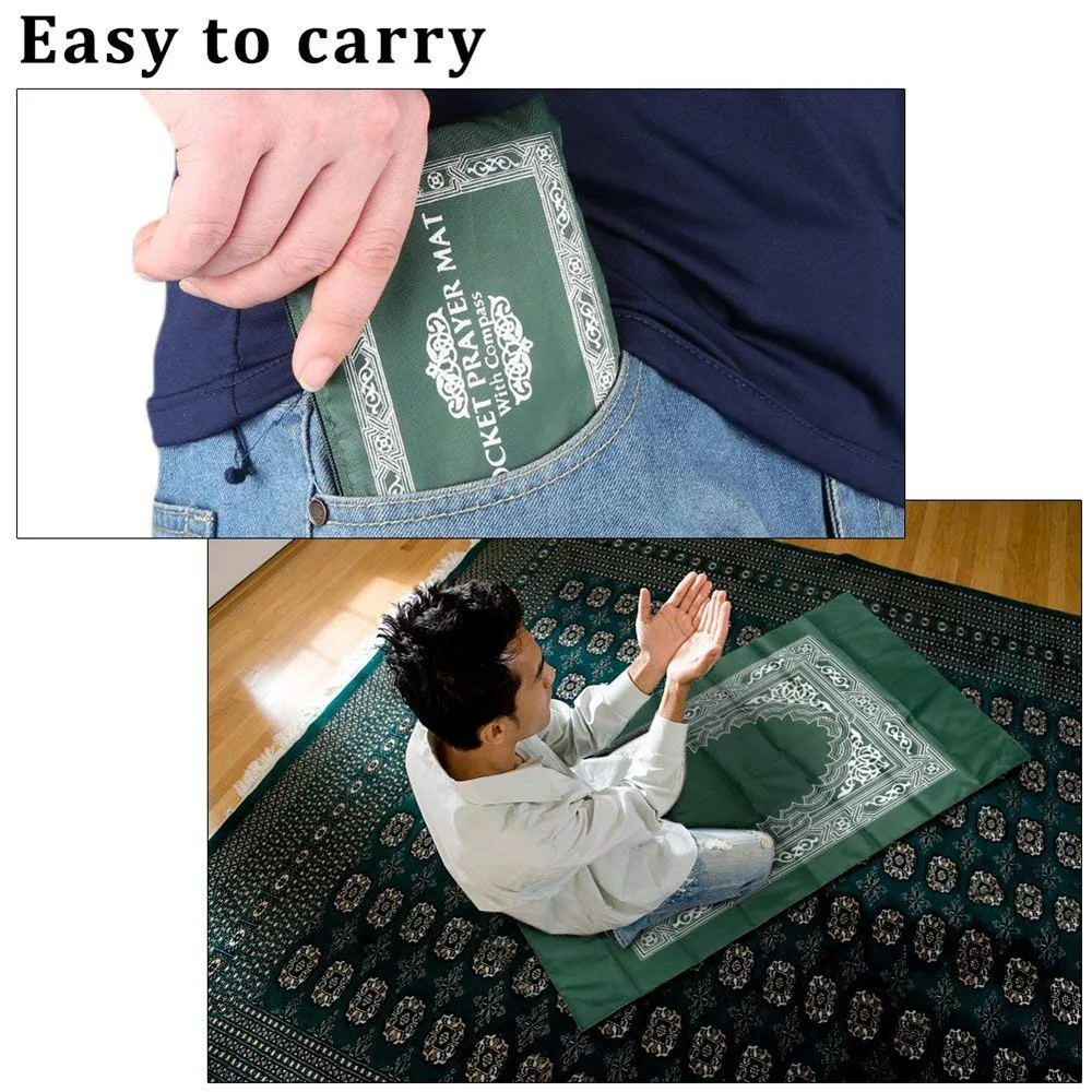 60*100cm Portable Travel Prayer Mat with Compass Qibla Finder Polyester Prayer Rug Portable Islamic Gift for Muslim