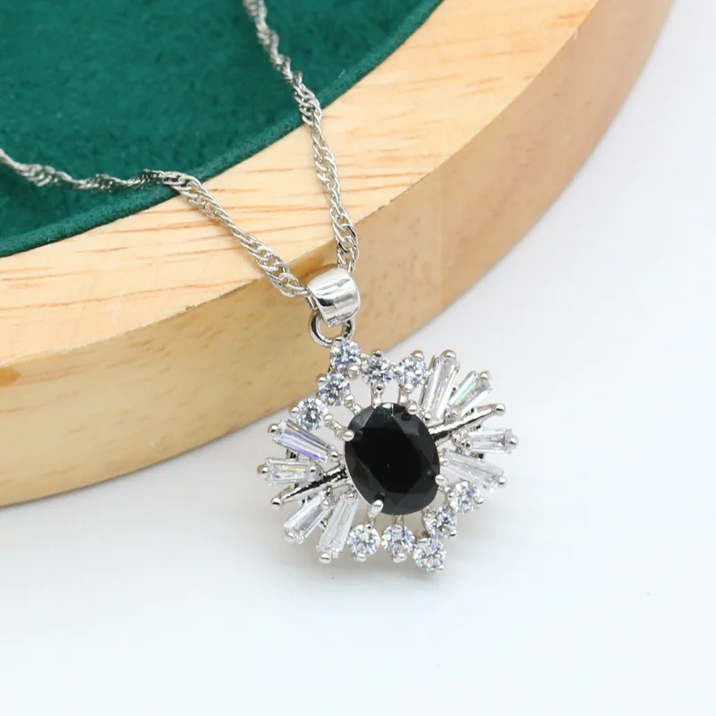 925 Silver Jewelry Set For Women Black Crystal Earrings Necklace Pendant Ring Wedding Bracelet Bride Christmas Gift 4PCS