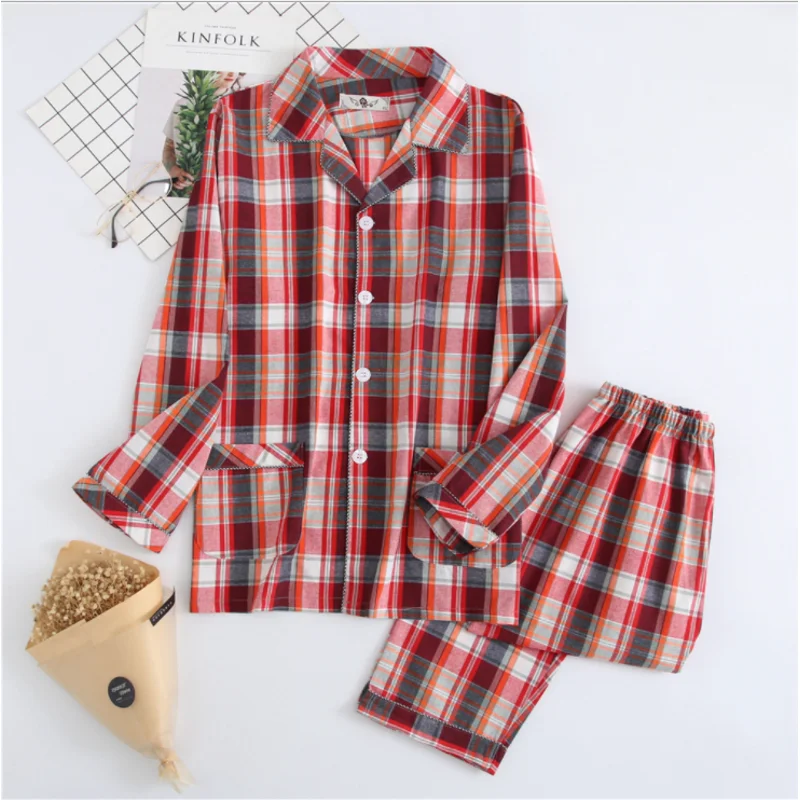 2024 Spring Autumn Men Casual Plaid Pajama Sets Male 100% Cotton Sleepwear Suit Long Sleeve Turn-down Collar Shirt & Pants