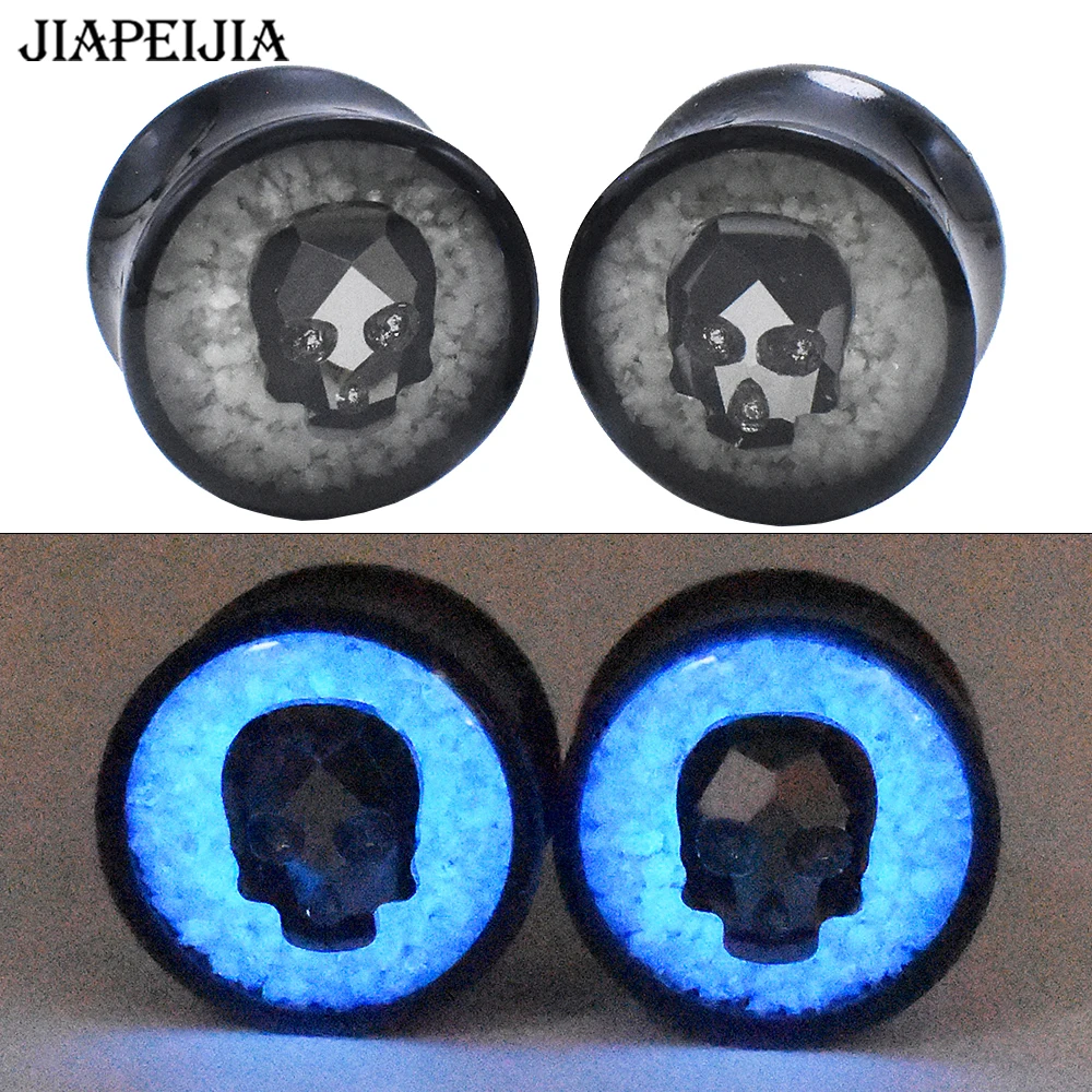 Luminous Black Crystal Skull Acrylic Ear Tunnels Plug and Gauges Ear Stretcher Expander Plug for Ear Earring Piercing