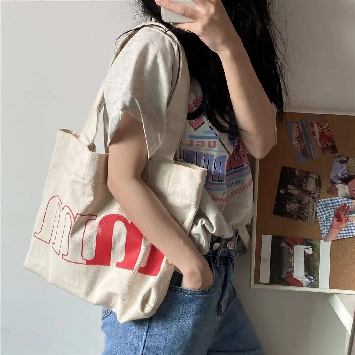 Women Bag Cotton Fabric Tote Bag Letter Casual Solid SOFT OPEN Shoulder Bags Handbags Shopping Bag High-Capacity Travel Bag