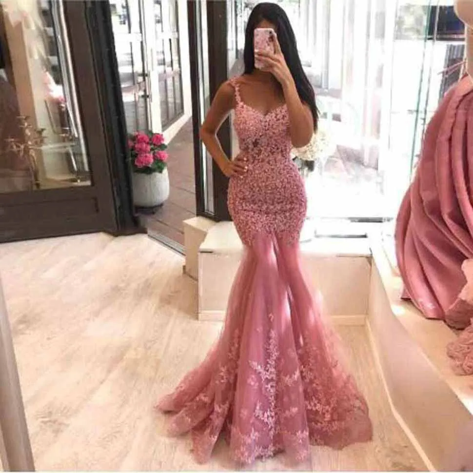 Sexy Roze Sweetheart Lace Prom Dresses Sleeveless Kralen Платье На Выпускной Mermaid Avond Party Jurken Robe De Soiree 2022