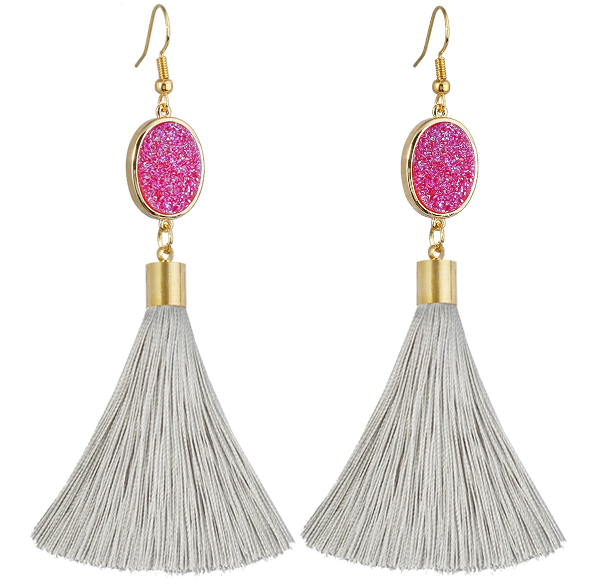 

Titanium Coated Natural Druzy Drop Earring With Long Soft Tassel,Fancy Bohemian Style Dangle Earrings For Women Elegant Jewelry