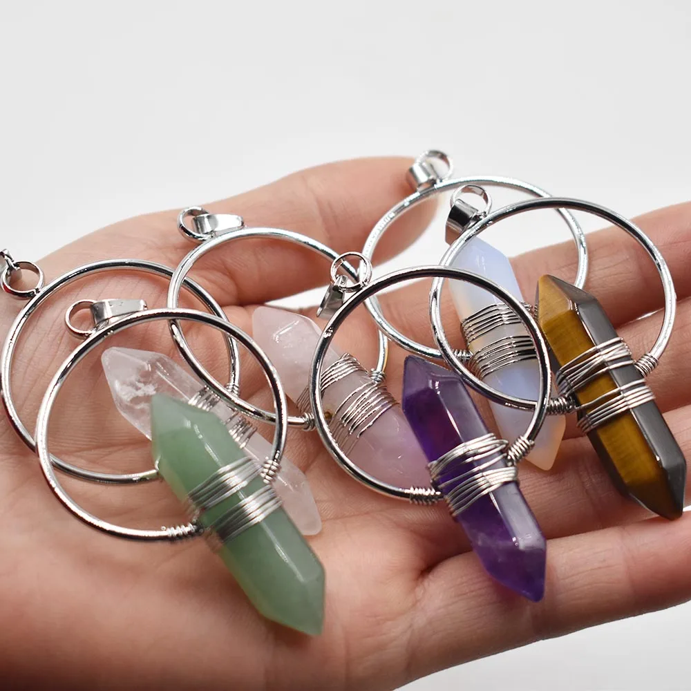 Natural Stone Healing Pointed Pendant Necklaces Hexagonal Column Circle Winding Wire Bullet Crystal Women Yoga Jewelry 6pcs