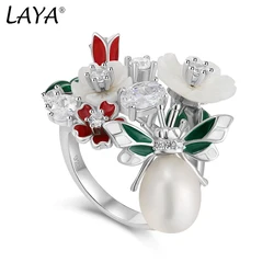 Laya 925 스털링 실버 고품질 지르콘 천연 진주 조개 꽃 잎 에나멜 반지 여성용 트렌디 쥬얼리 2022 Trend