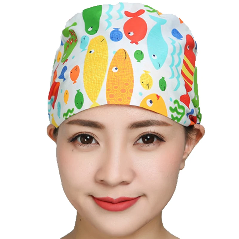 Unisex Scrub Caps Pattern Printed Bandage Adjustable Nursing Hats Women Men Anti-dust Washable Working Caps Accessories