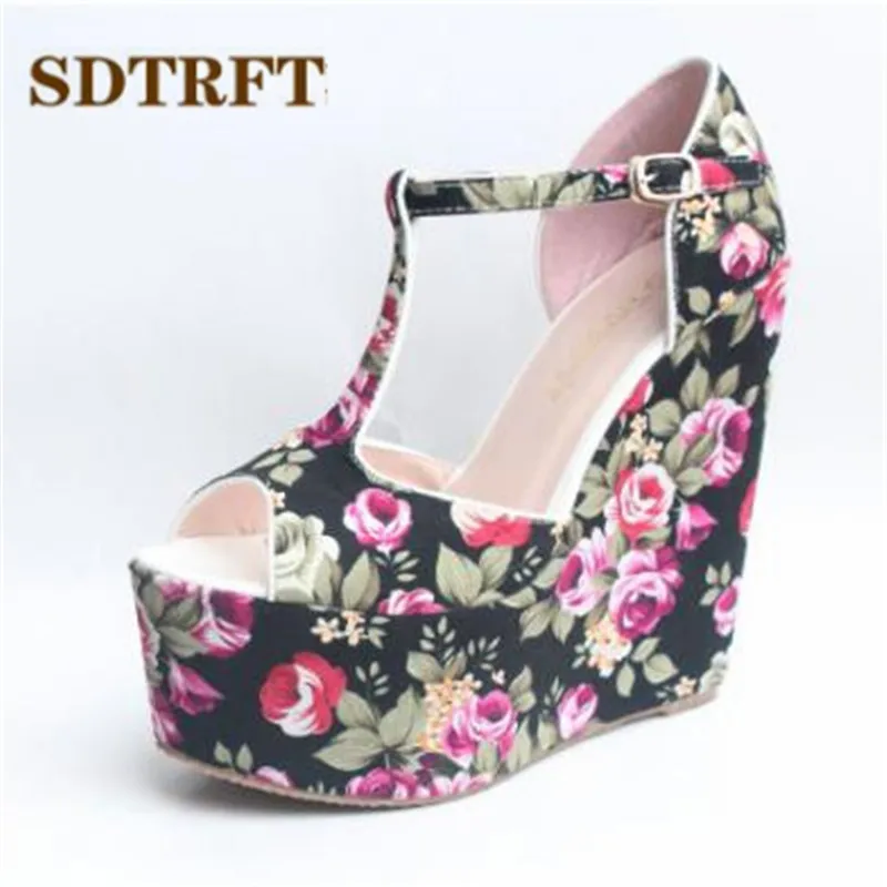 SDTRFT Stiletto Ladies 15cm wedges Sandals Platform shoes woman zapatos mujer Flowers T-strap Pumps Small Yards:30,31,32,33-43