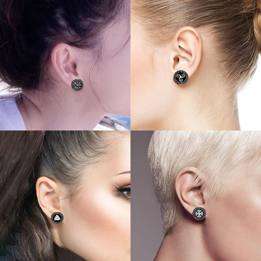 Gothic Norse Viking Runes Stud Earrings for Men Boys Rock Punk Stainless Steel Valknut Wolf Head Compass Celtic Knot Earrings