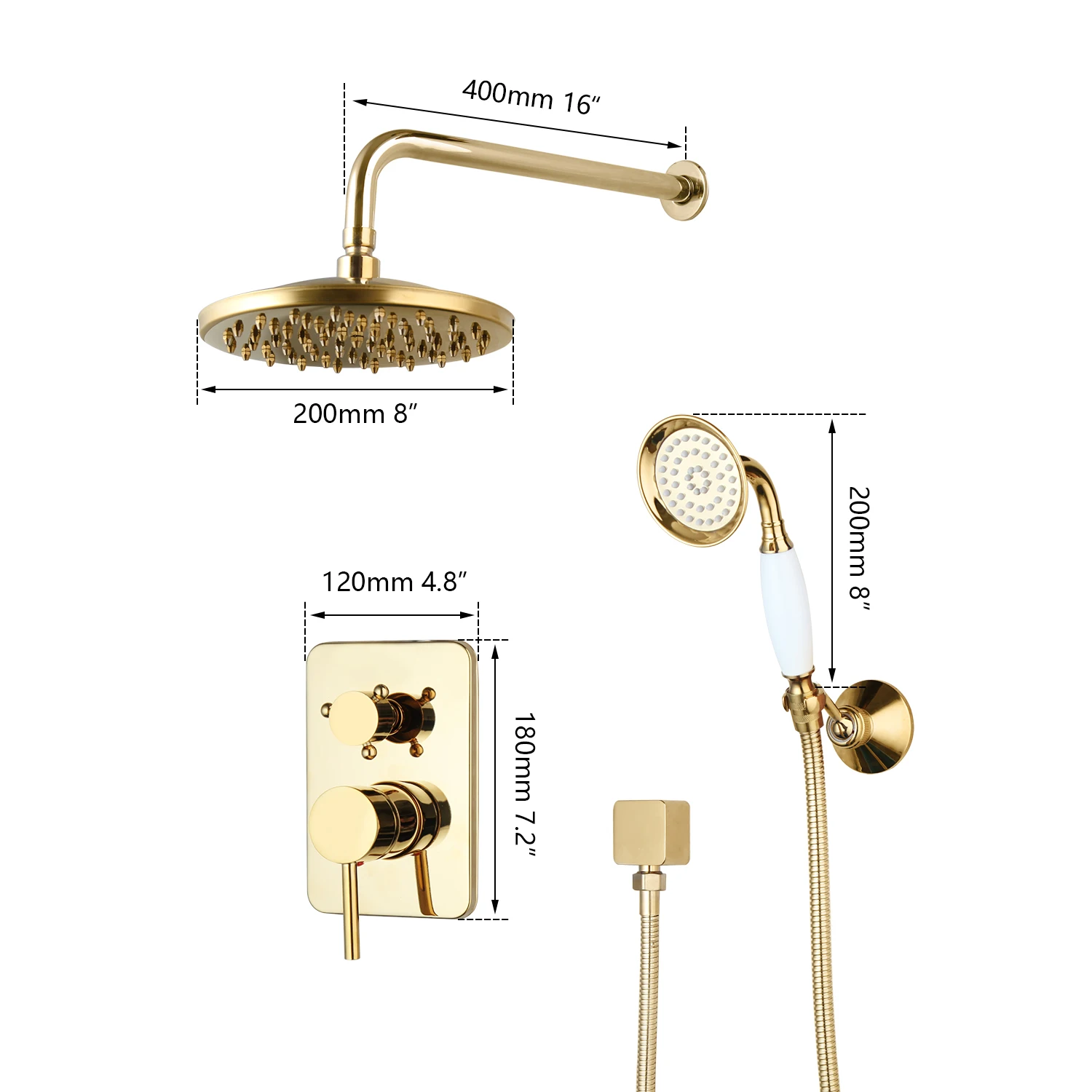 KEMAIDI Golden Plated Shower Faucet Set Solid Brass Wall Mounted Rainfall Shower Mixer Tap 8 Inch Round Style Shower Faucet Set