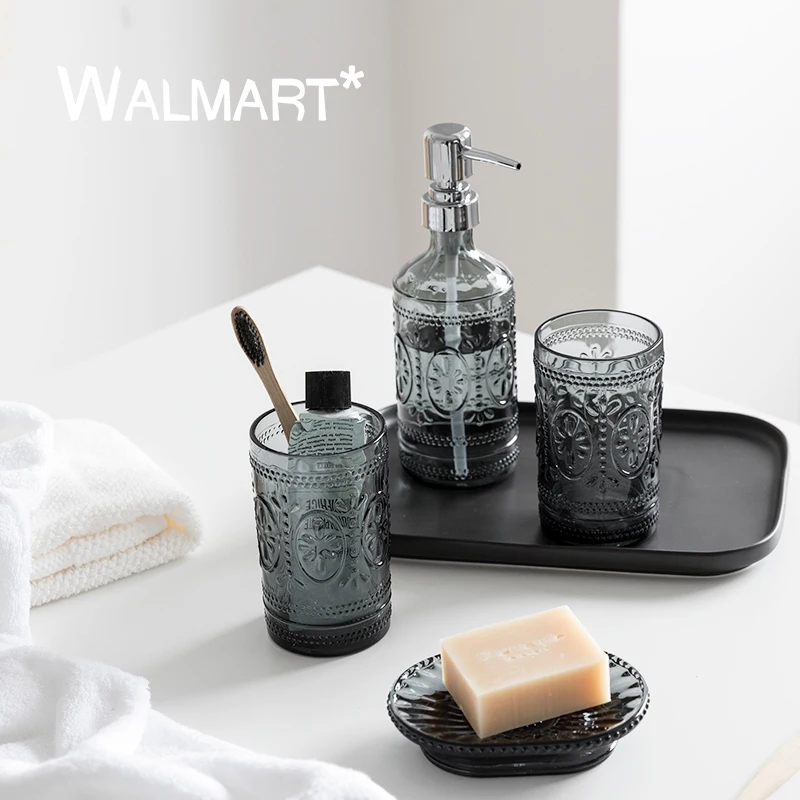 

Light Luxury Bathroom Toiletry Set Gray Glass Five-Piece Toiletries Set Mouthwash Cup Lotion Bottle Tray Bathroom Accessories