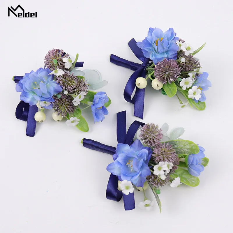 Biru Putih Pergelangan Tangan Gelang untuk Pengiring Pengantin Groom Boutonniere Pin Manset Gelang Sutra Pernikahan Saksi Adik Bros Korsase Bunga