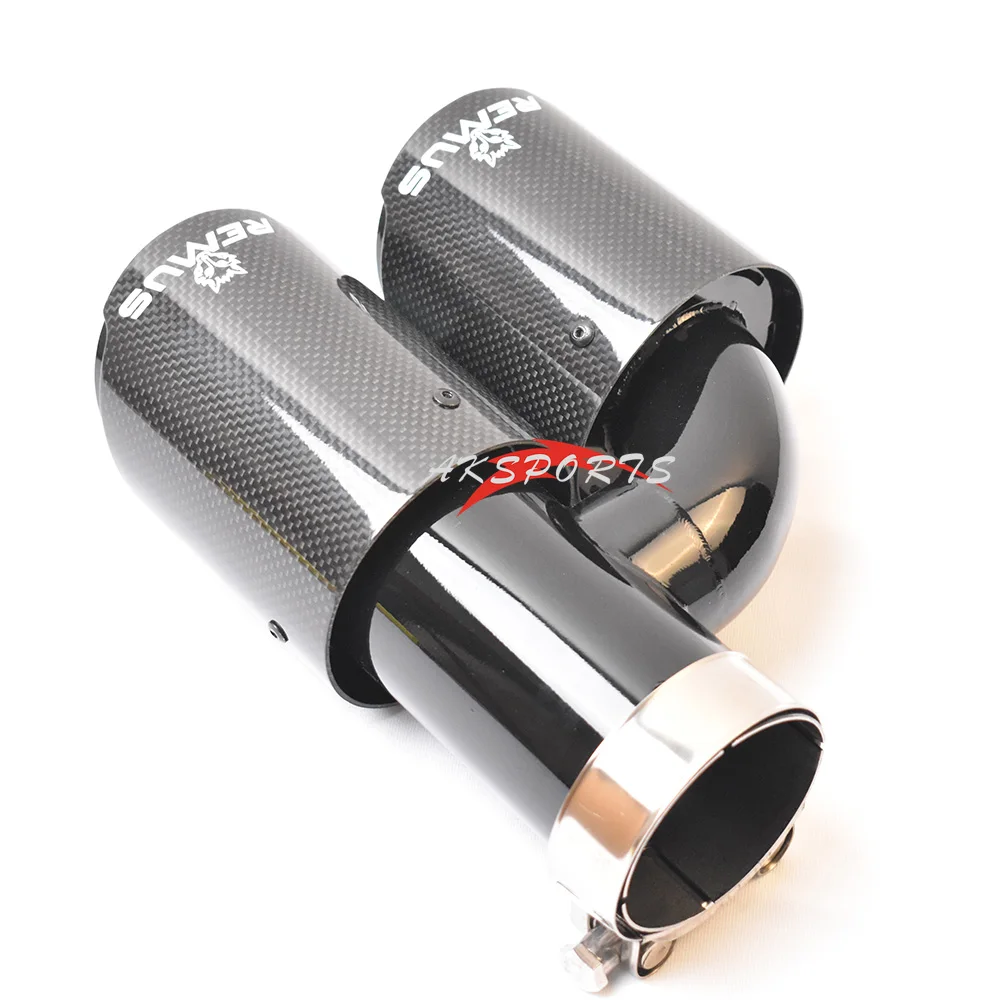 1PC Glossy Black Stainless Steel Straight Muffler Pipe Carbon H Style Left Side End Tail Exhaust Tip With Remu Logo