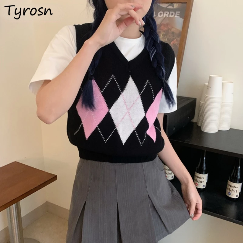 

Cropped Argyle Sweater Vest Women All-match V-neck Preppy Style Sweet Streetwear Korean Fashion Sleeveless Knitted Tops Students