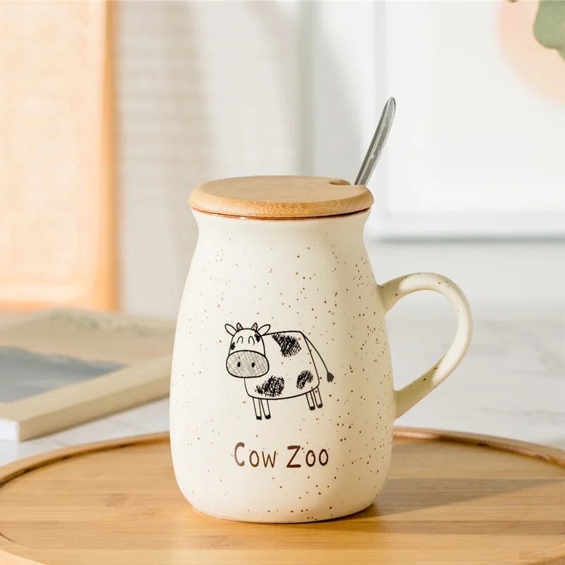 Graffiti Cow Mug with Cover and Spoon Cartoon Water Bottle Ceramic Made Household Breakfast Milk Coffee Cup Cute Couple