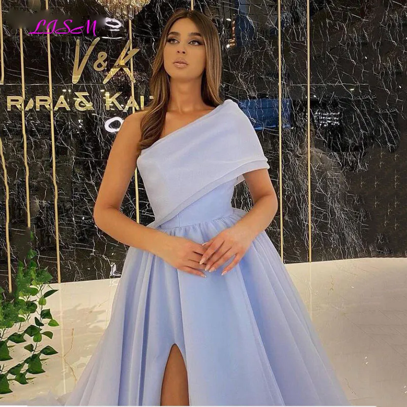 Sky Blue Organza Evening Dresses One Shoulder Sexy Side Split Puffly Tulle Long Party Gowns A-Line Prom Dresses