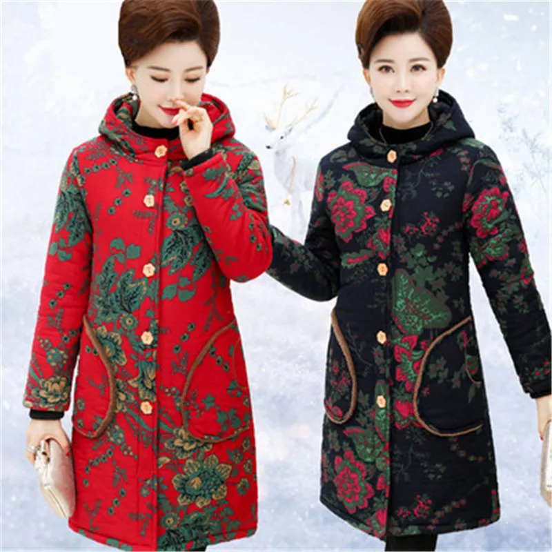 Winter Parkas women cotton jacket flocking thicken warm ethnic wind cotton coat middle-aged printed coat  A258