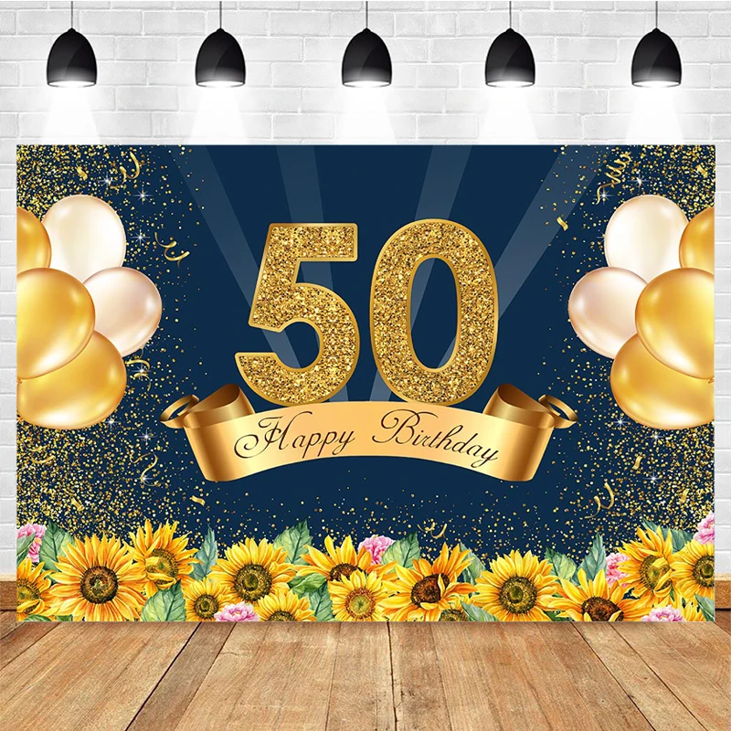 Mocsicka 50th Birthday Photography Background Golden Glitter Sunflower Decoration Props Happy Birthday Photo Backdrop Banner