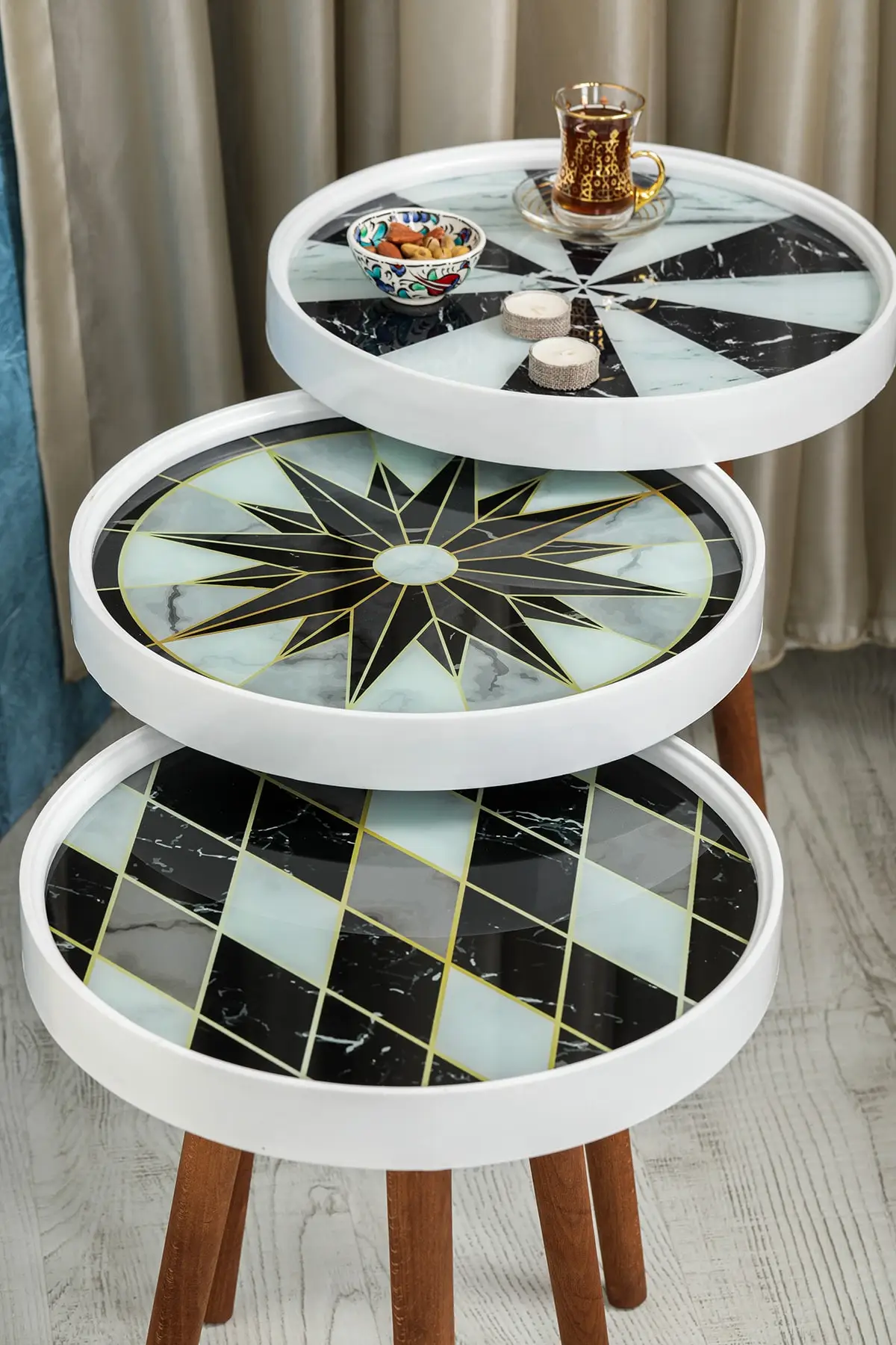 Retro Glass Above Special Print 3 pcs Zigon Coffee Table