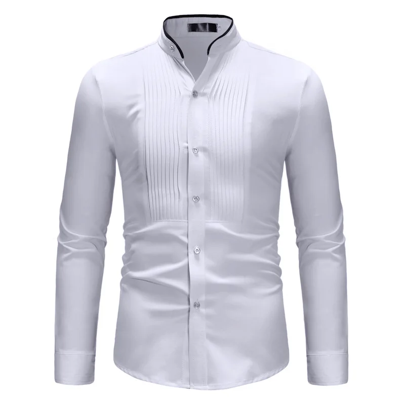 

Mens White Mandarin Collar Dress Shirts Wedding Tuxedo Shirt 2024 Brand Slim Fit Long Sleeve Shirt Men Business Casual Chemise