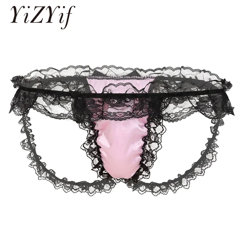 

Mens Sissy Satin Lingerie Sexy underwear thongs Low Rise Bulge Pouch T-back Frilly Ruffled Lace Bikini Thong Briefs Underwear