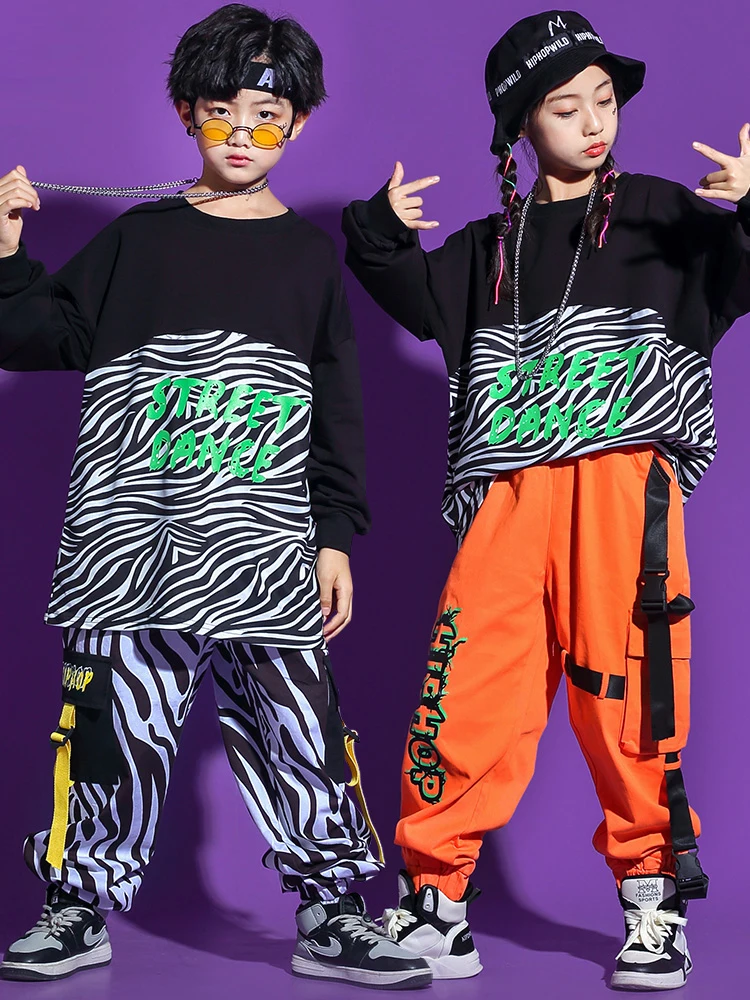 

Street Dance Costume Teen Boys Girls Zebra Stripes Loose Streetwear Hiphop Jazz Dance Performance Stage Dancewear Outfit YS2445