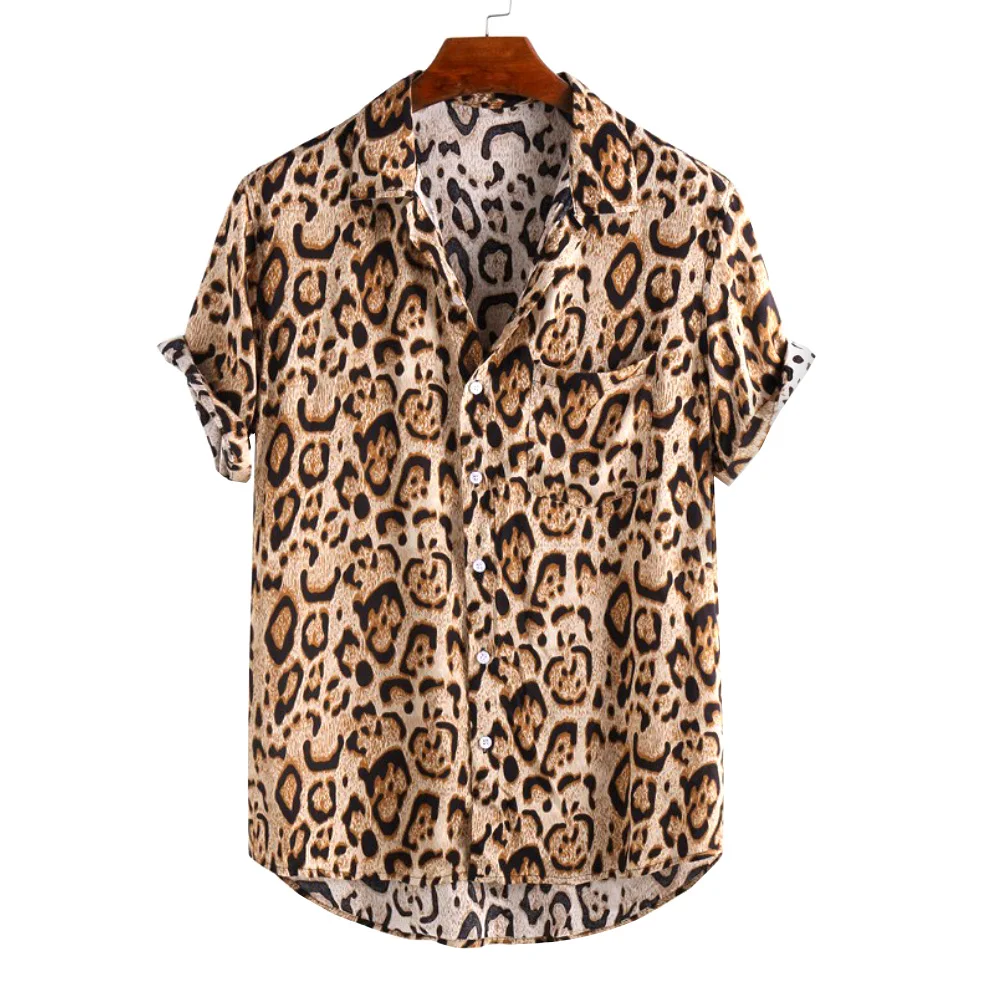 Men Summer Short Sleeve Leopard Print Button Lapel Shirt Loose Blouse Streetwear