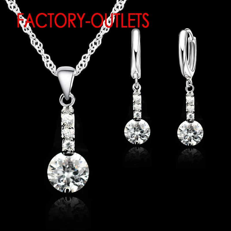 

925 Silver Needle Fashion Jewelry Set For Women Girls Pendent Necklace Drop Earrings Round Cubic Zircoina Anniversary Party