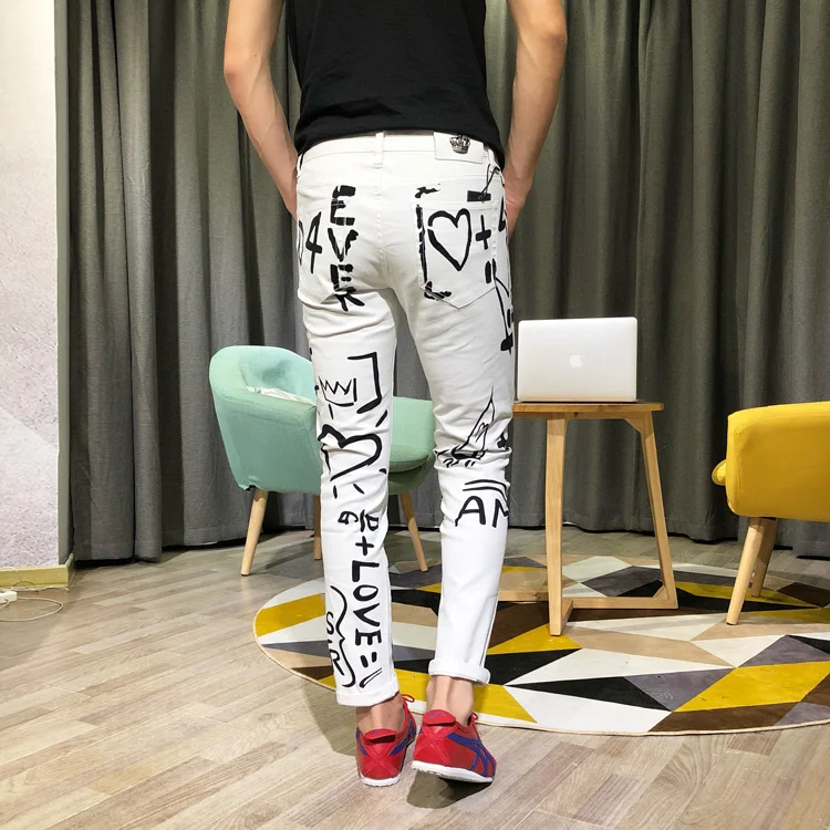 Leopard Men's Printed Jeans Men Skinny Letter Pattern Coloured Drawing Paiting Stretch Denim Pants Nightclubs Singers Trousers